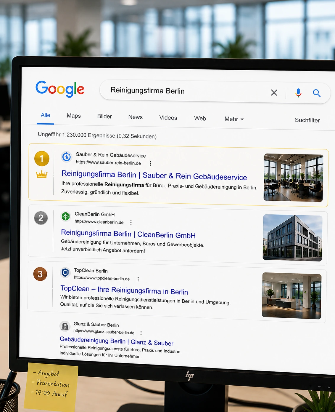 Top 3 Google Ergebnisse Reinigungsfirma Webseite